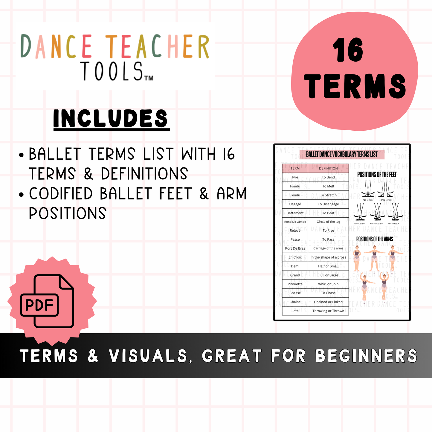 Ballet Vocabulary Terms List with Visuals – Printable Dance Reference Sheet | 16 Ballet Terms PDF with Arm & Foot Position Diagrams
