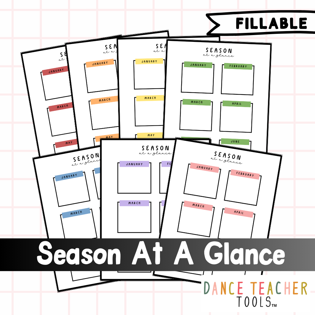 Season-at-a-Glance Dance Calendar | Editable PDF | 14 Pages in 7 Colors | Fillable Schedule for Dance Teachers