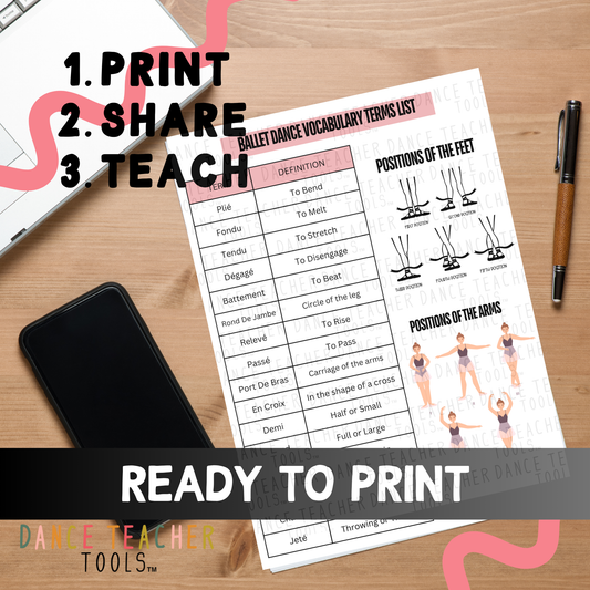 Ballet Vocabulary Terms List with Visuals – Printable Dance Reference Sheet | 16 Ballet Terms PDF with Arm & Foot Position Diagrams