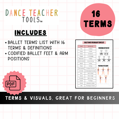 Ballet Vocabulary Terms List with Visuals – Printable Dance Reference Sheet | 16 Ballet Terms PDF with Arm & Foot Position Diagrams