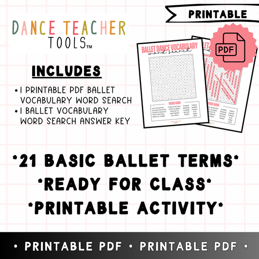 Ballet Vocabulary Word Search – Printable Dance Worksheet for Students | 21 Basic Ballet Terms PDF with Answer Key