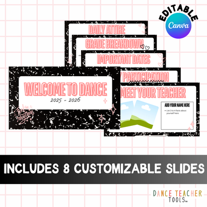 Editable First Day of School Dance Class Slides | Canva Template | 8 Editable Slides with Tips &amp; Instructions | Instant Digital Download