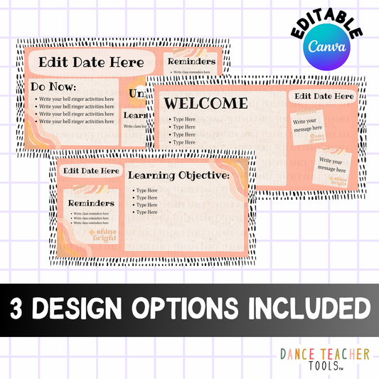 Retro Teacher Daily Class Slides – Editable Canva Template for Dance &amp; Academic Classrooms | 3 Groovy Design Options for Do Now, Objectives, &amp; Reminders