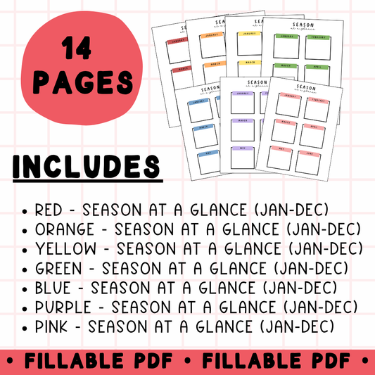 Season-at-a-Glance Dance Calendar | Editable PDF | 14 Pages in 7 Colors | Fillable Schedule for Dance Teachers