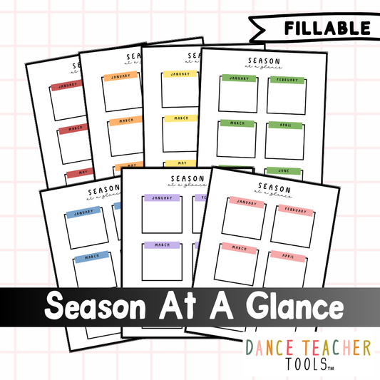 Season-at-a-Glance Dance Calendar | Editable PDF | 14 Pages in 7 Colors | Fillable Schedule for Dance Teachers